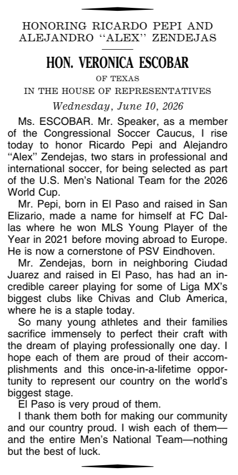 Honoring Ricardo Pepi and Alejandro “Alex” Zendejas in U.S. House of Representatives